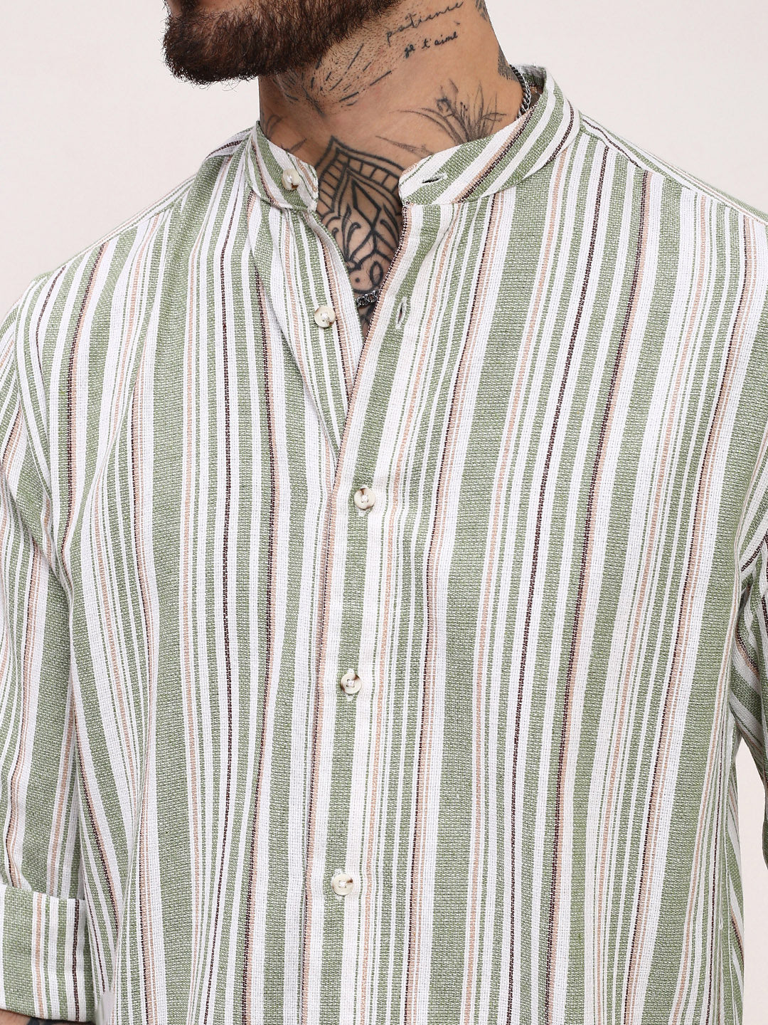 Men Green Striped Slim Fit Shirt