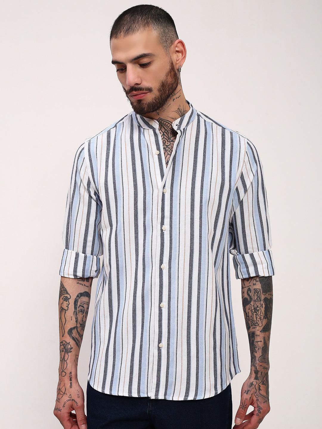 Men Blue Striped Slim Fit Shirt