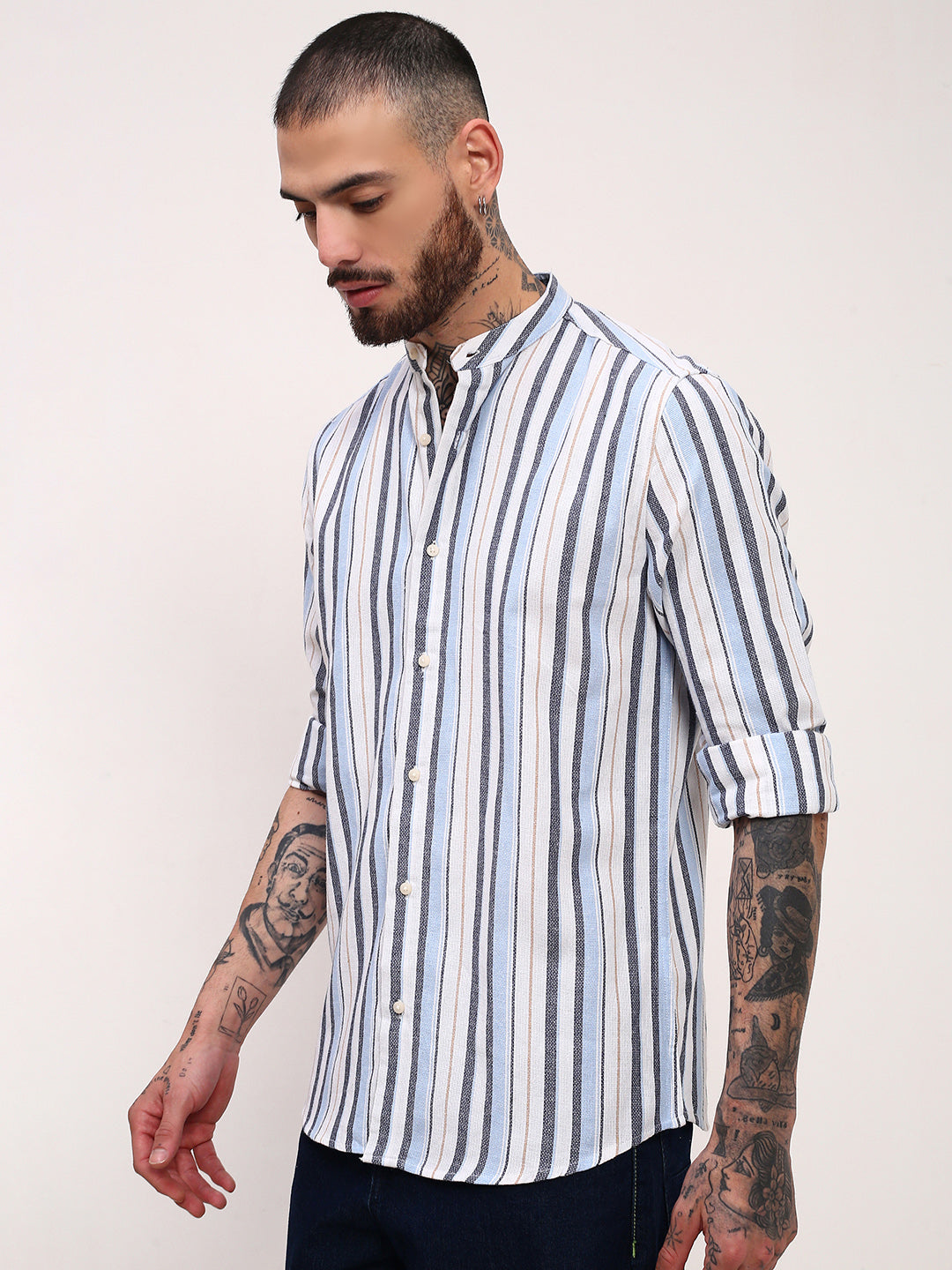 Men Blue Striped Slim Fit Shirt