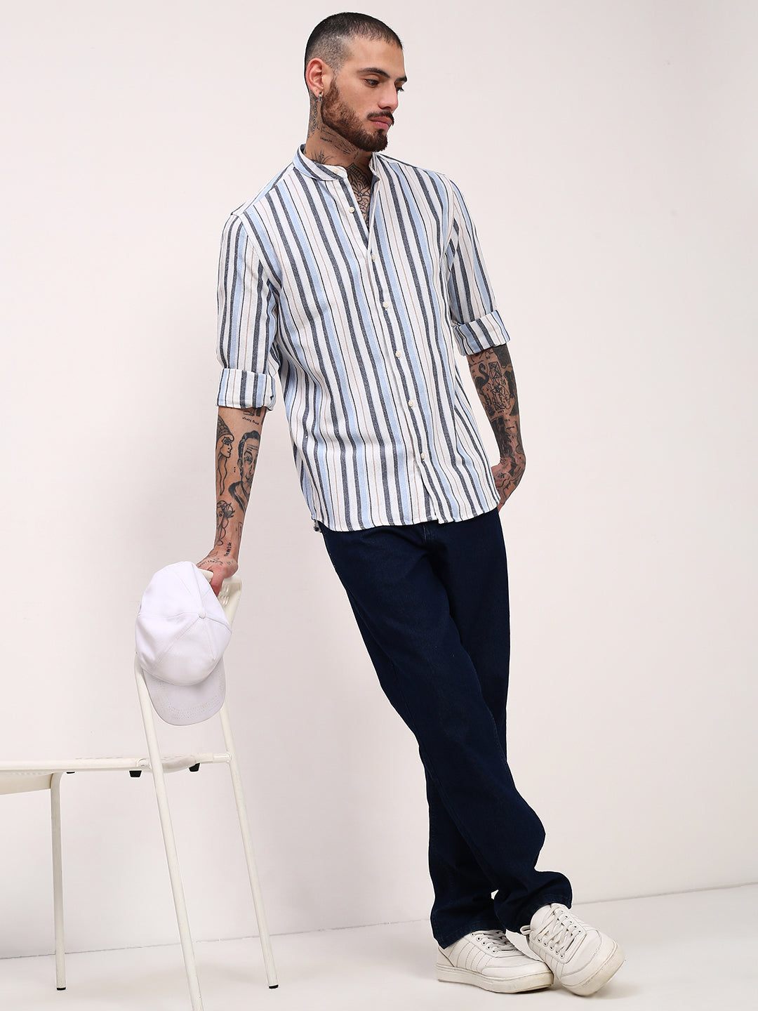 Men Blue Striped Slim Fit Shirt