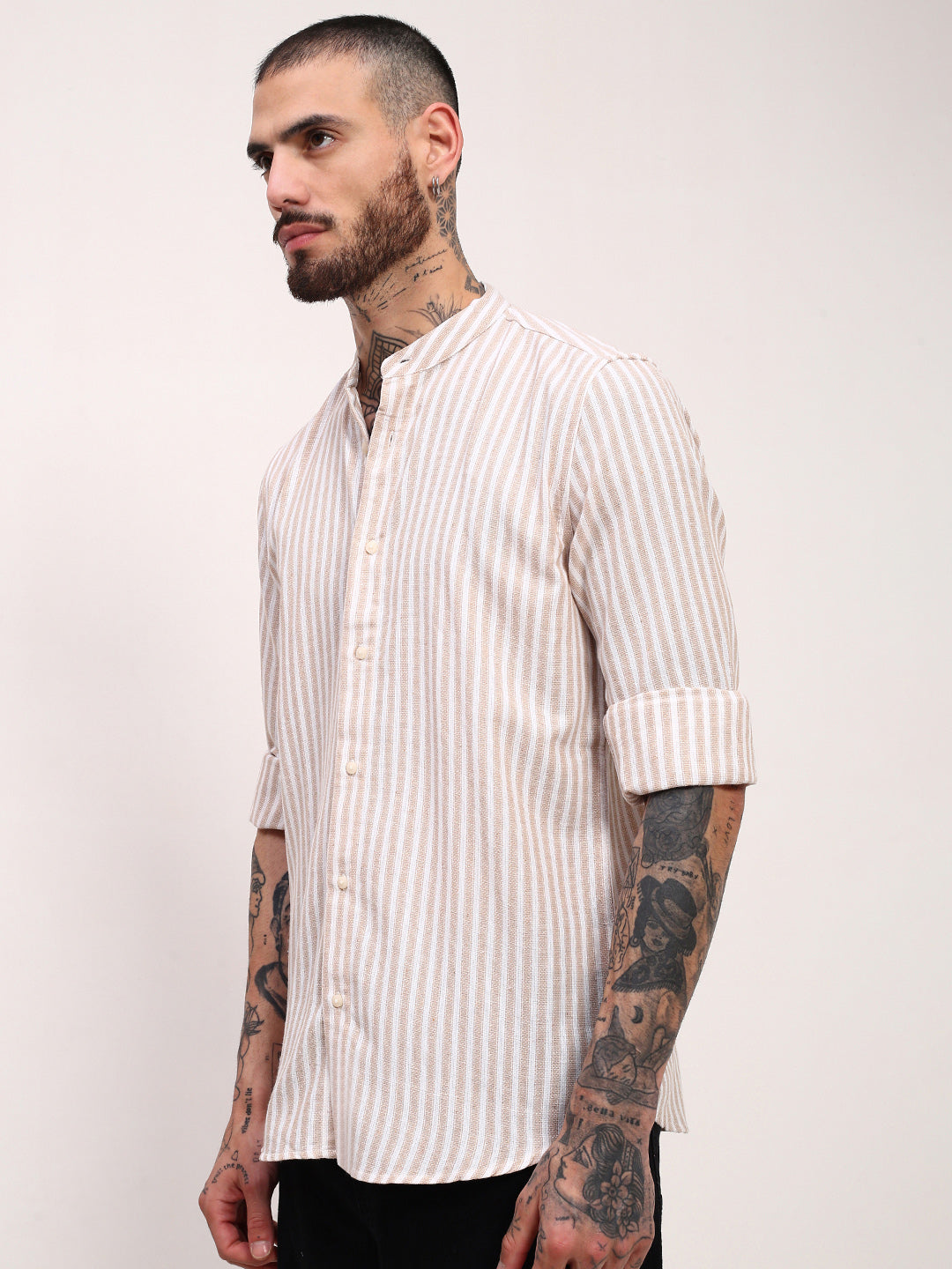 Men Cream Striped Slim Fit Shirt