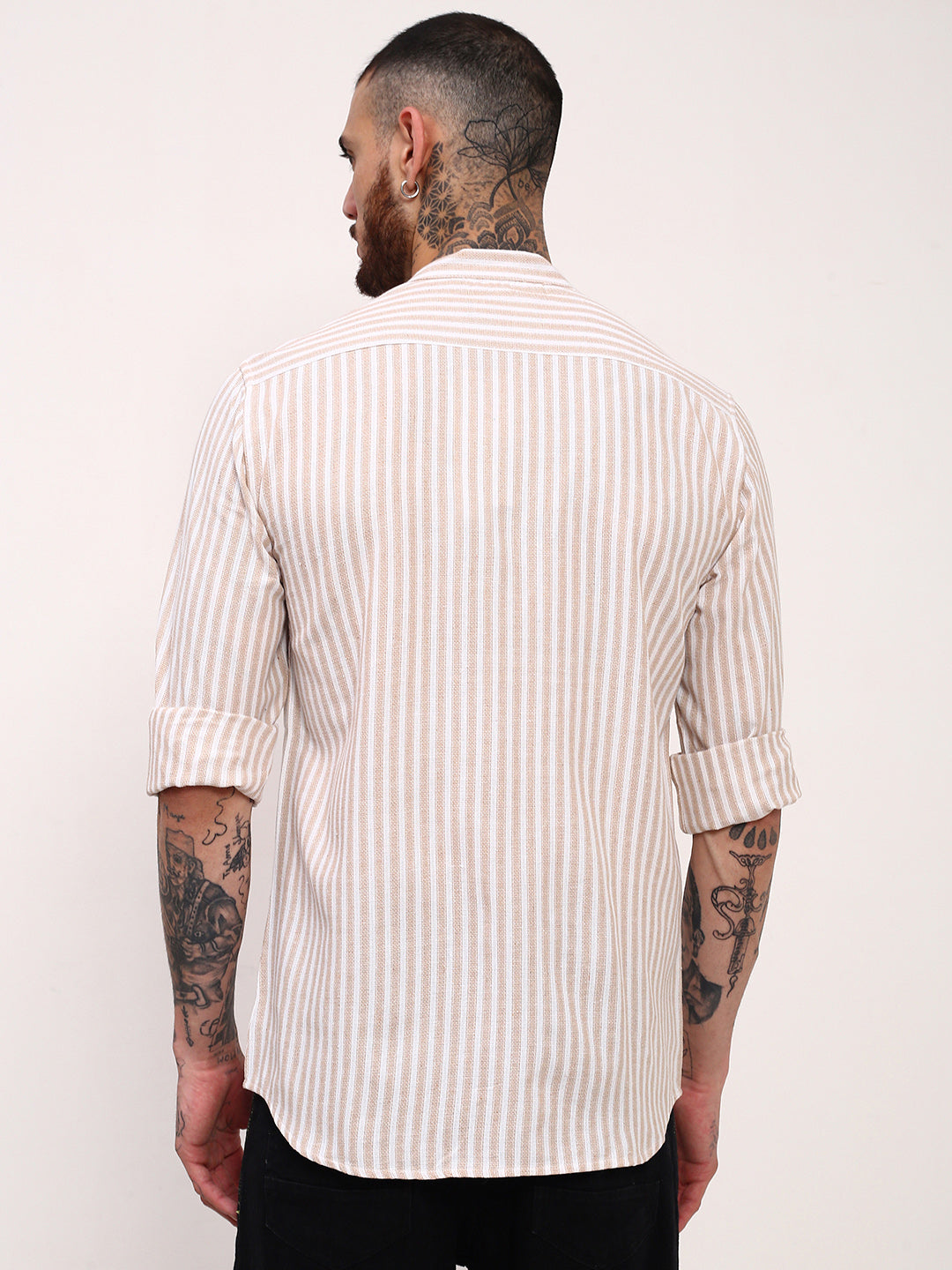 Men Cream Striped Slim Fit Shirt