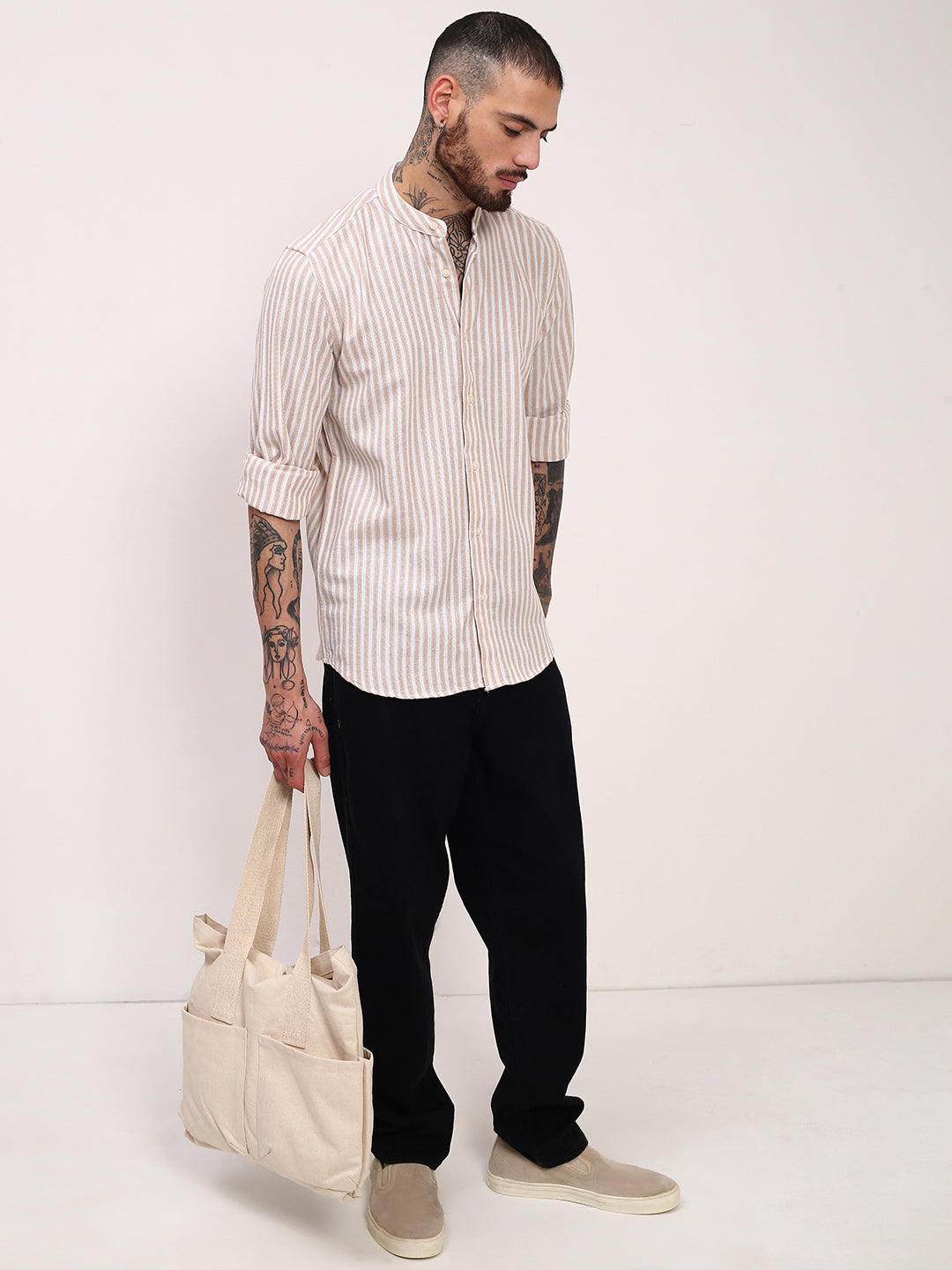 Men Cream Striped Slim Fit Shirt