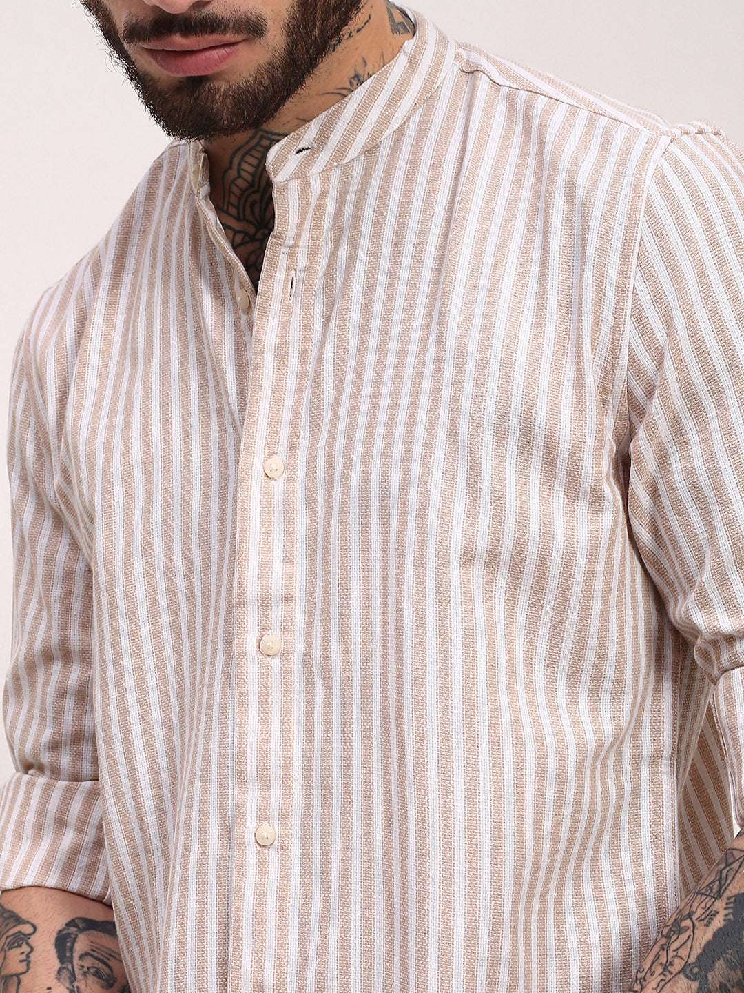 Men Cream Striped Slim Fit Shirt