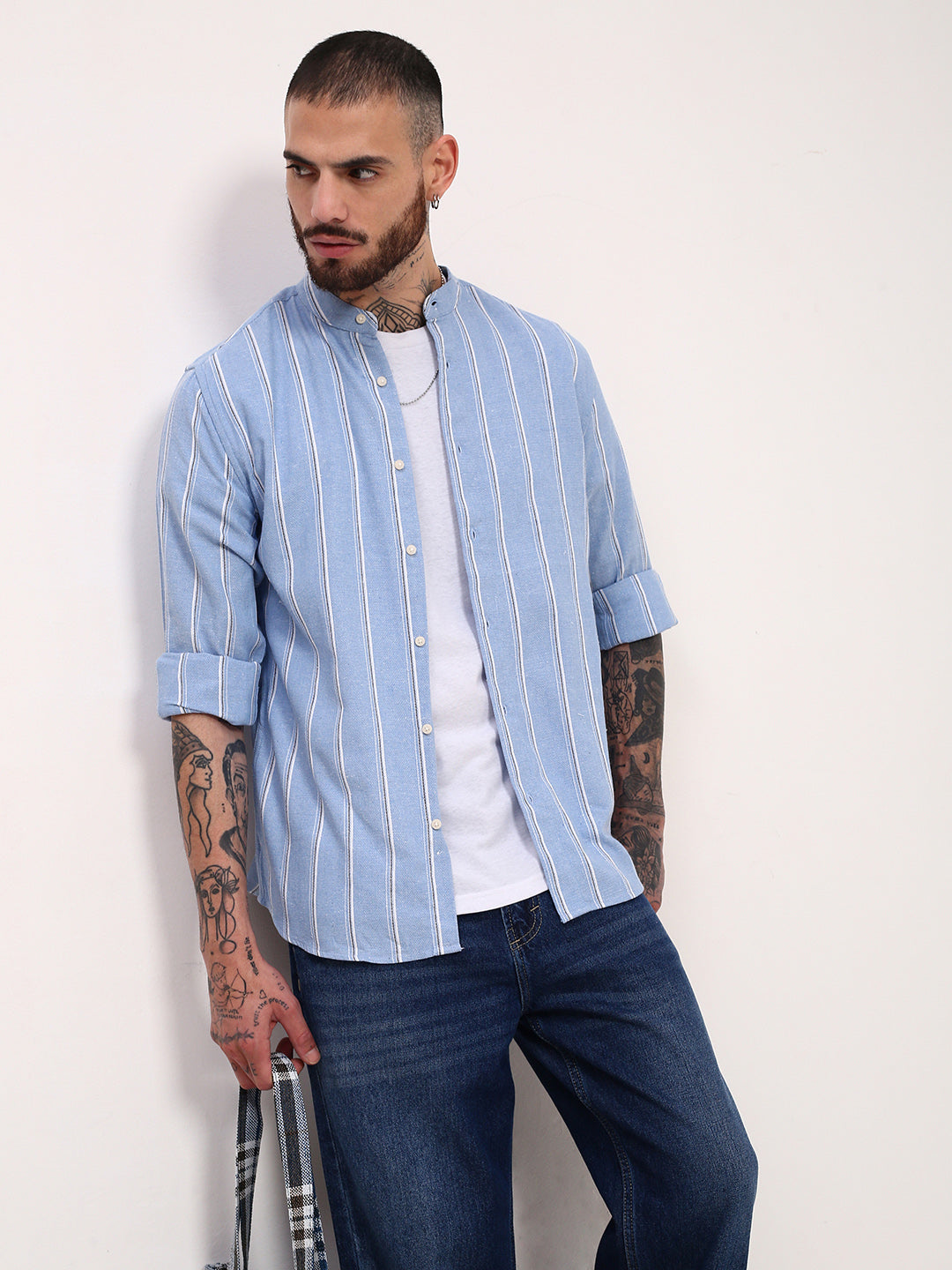 Men Blue Striped Slim Fit Shirt