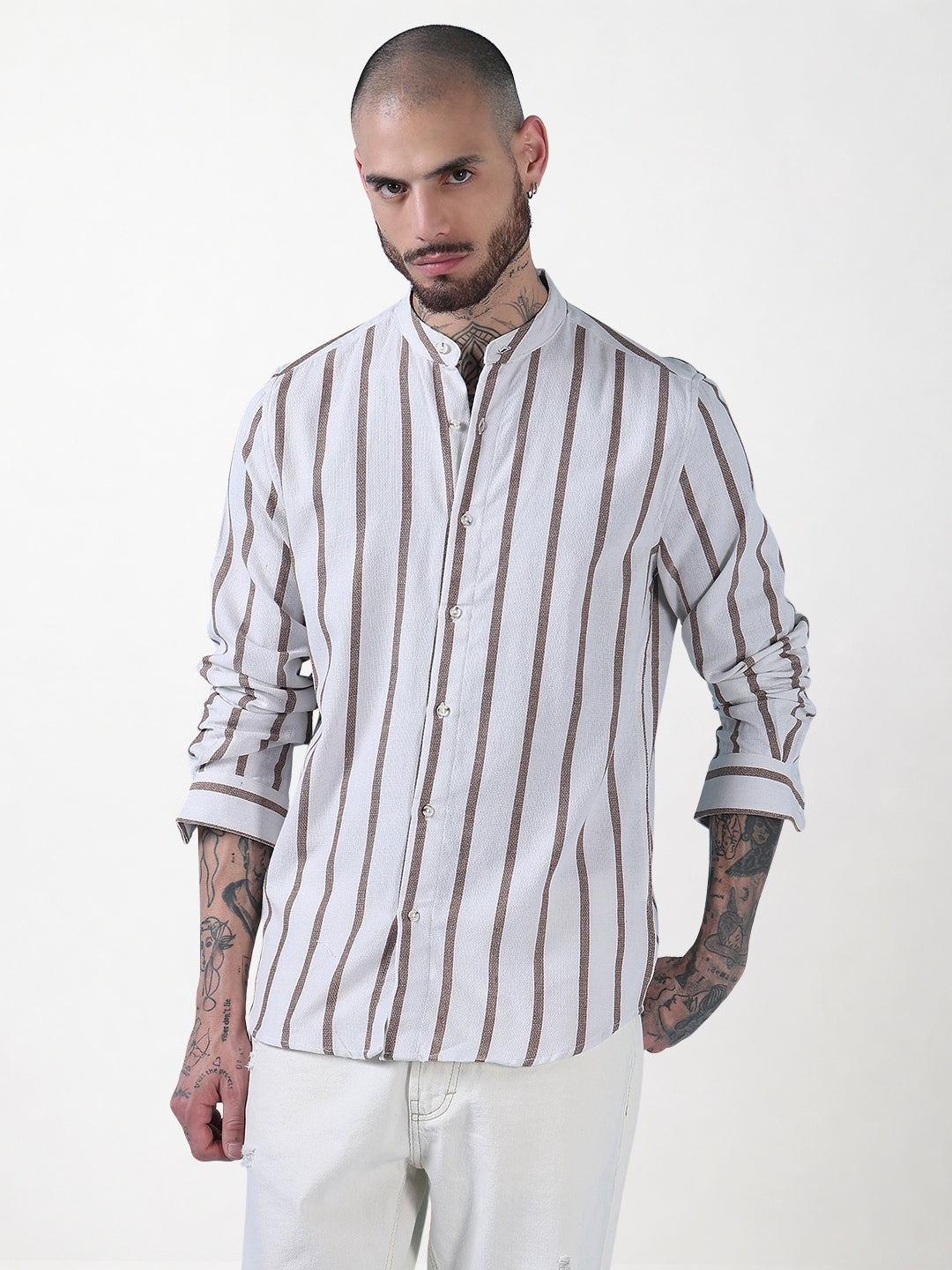 Men's Off White Striped Mandarin Collar Relaxed Fit Casual Shirt
