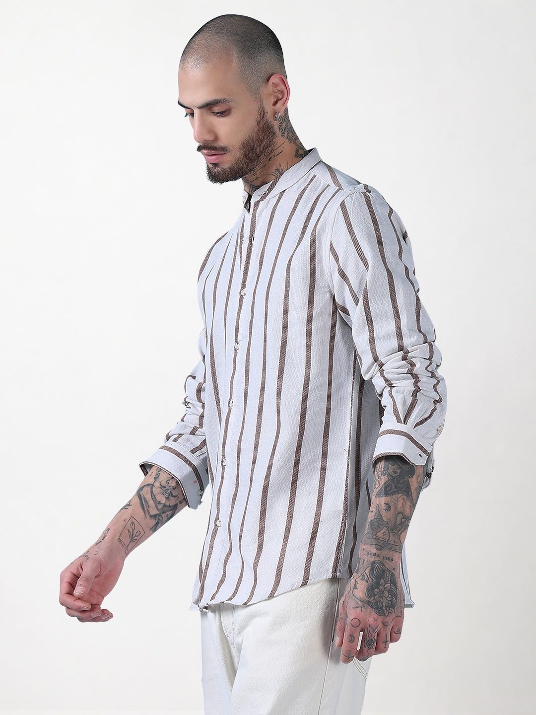 Men's Off White Striped Mandarin Collar Relaxed Fit Casual Shirt