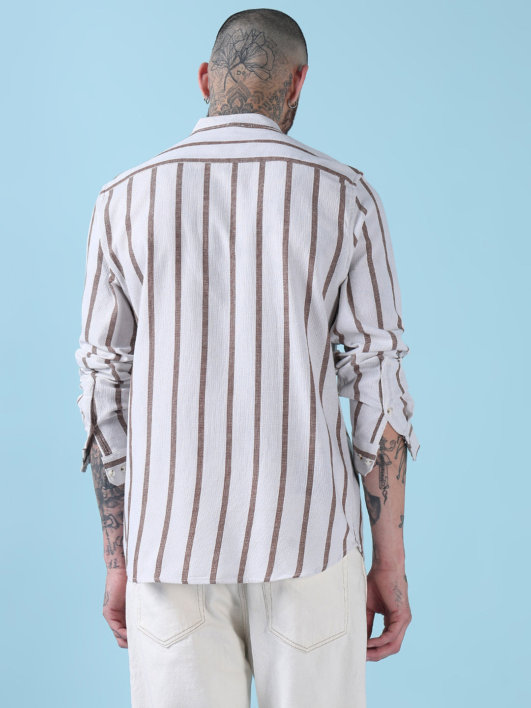 Men's Off White Striped Mandarin Collar Relaxed Fit Casual Shirt