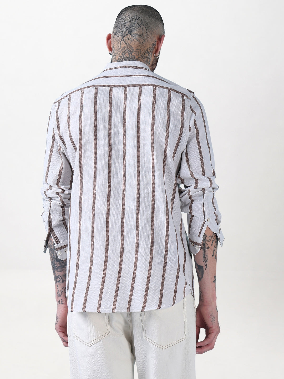 Men's Off White Striped Mandarin Collar Relaxed Fit Casual Shirt