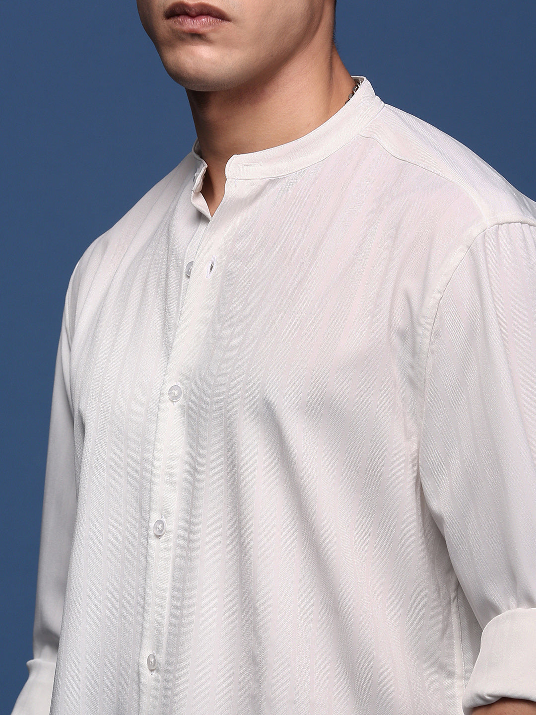 Men Mandarin Collar Solid White Slim Fit Shirt