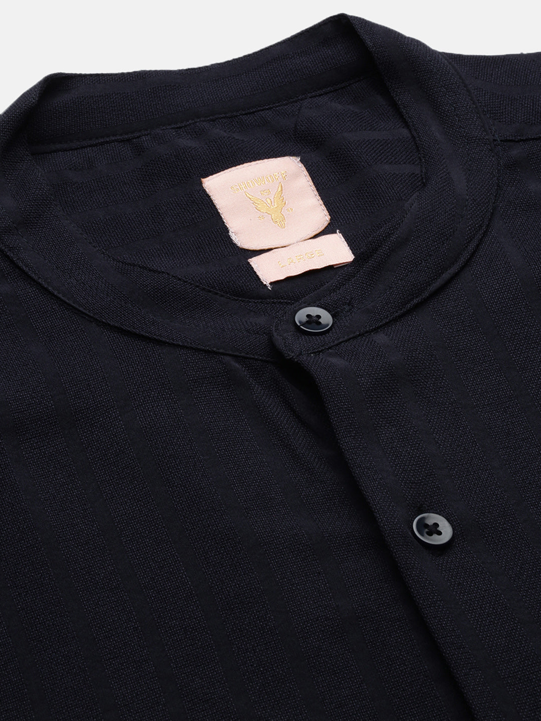 Men Mandarin Collar Solid Navy Blue Slim Fit Shirt