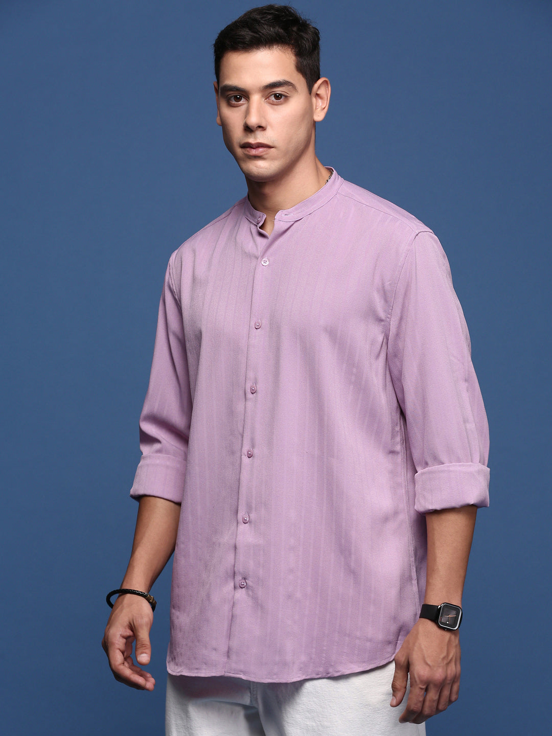 Men Mandarin Collar Solid Lavender Slim Fit Shirt