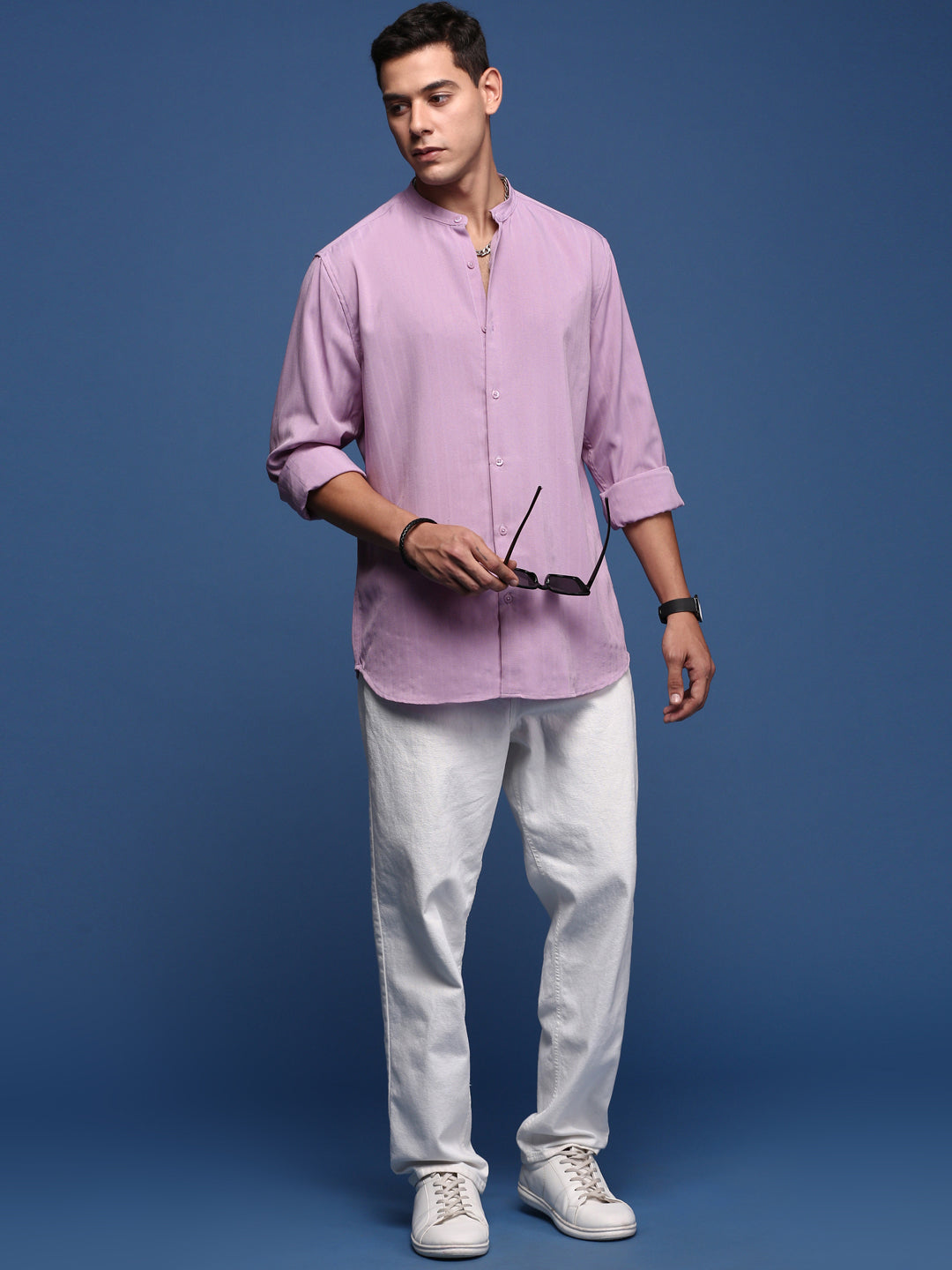 Men Mandarin Collar Solid Lavender Slim Fit Shirt