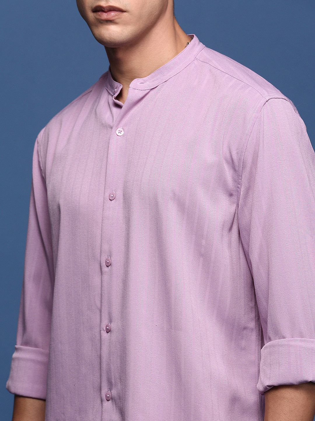 Men Mandarin Collar Solid Lavender Slim Fit Shirt