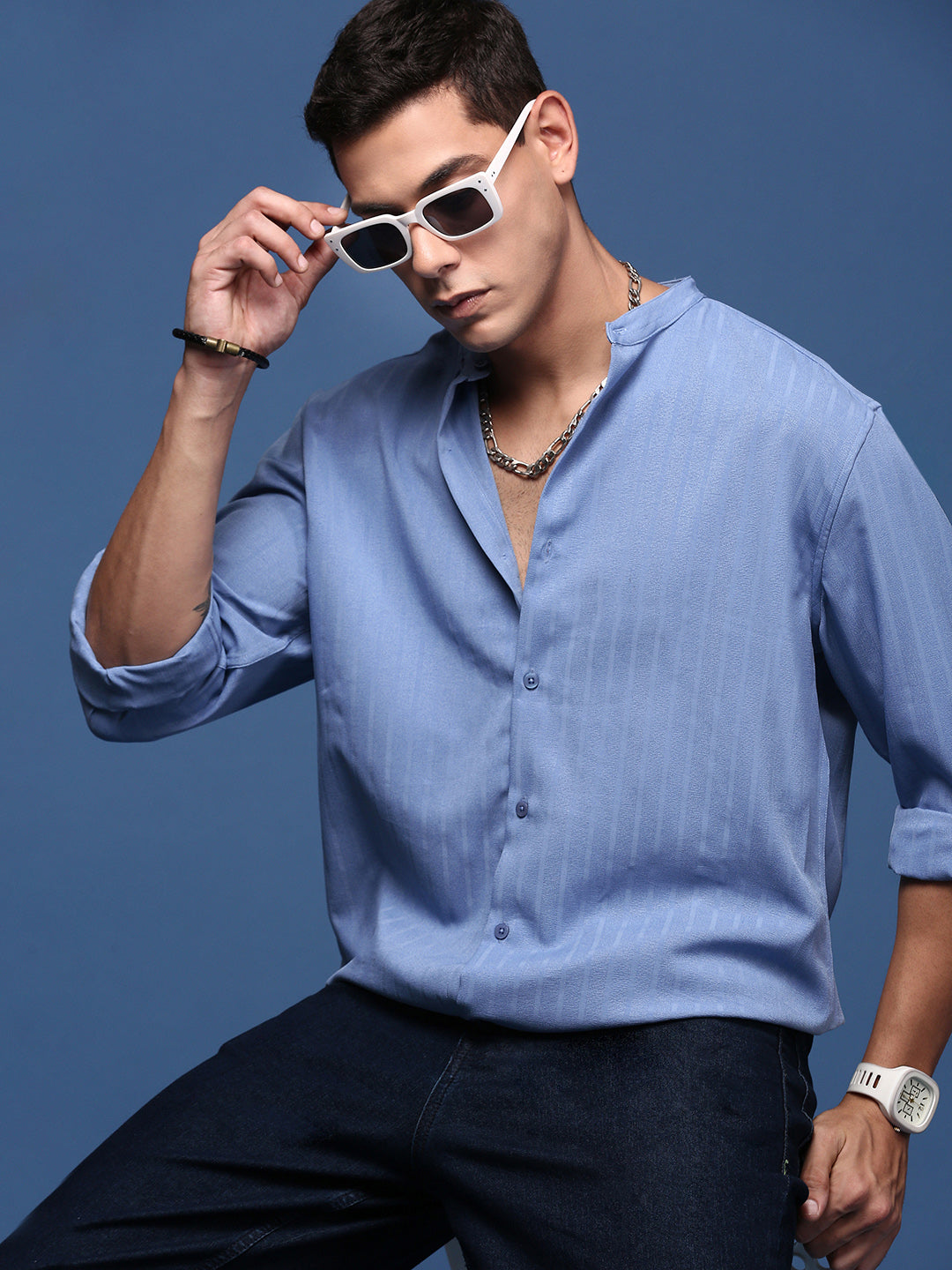 Men Mandarin Collar Solid Blue Slim Fit Shirt