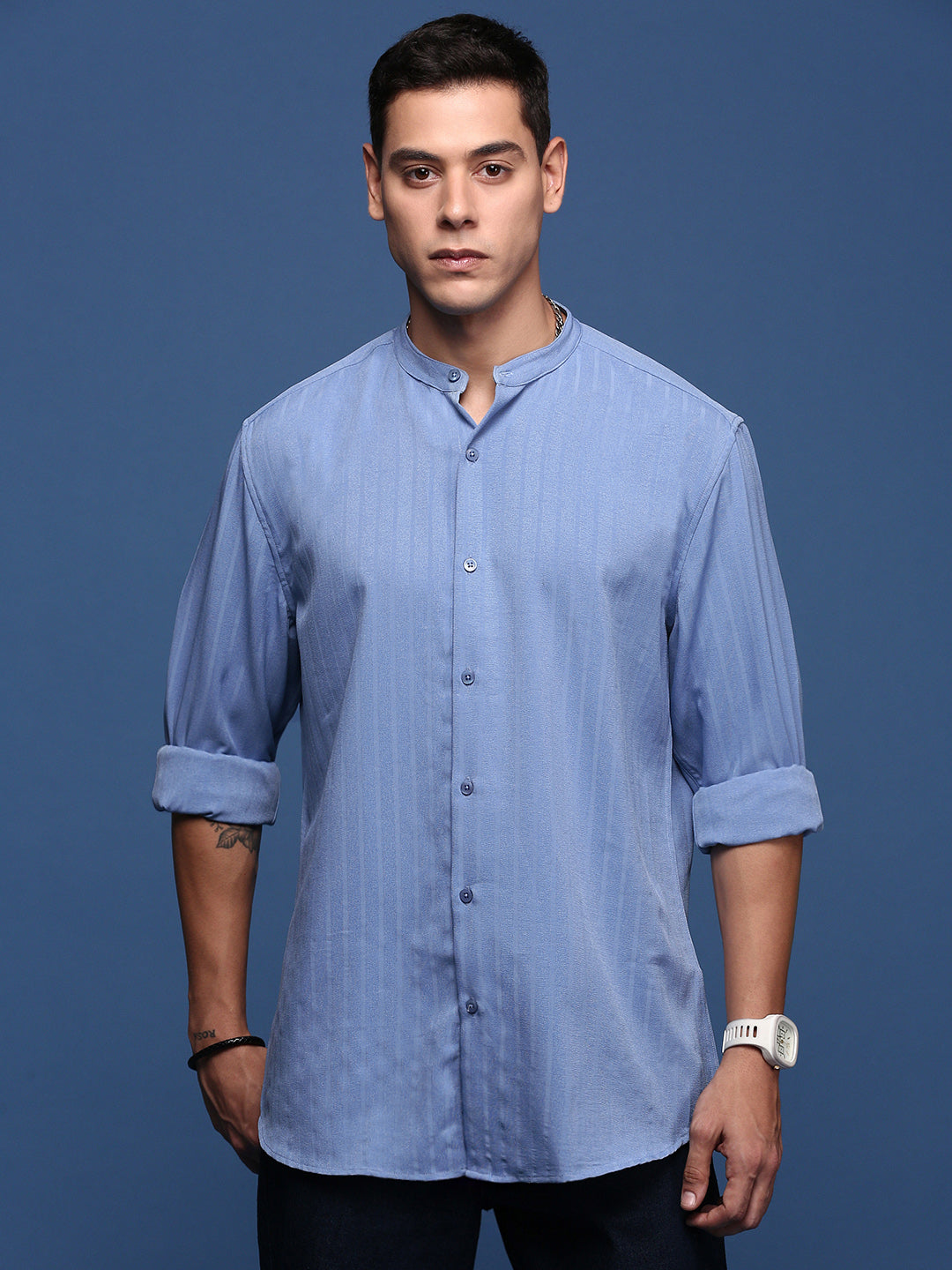 Men Mandarin Collar Solid Blue Slim Fit Shirt