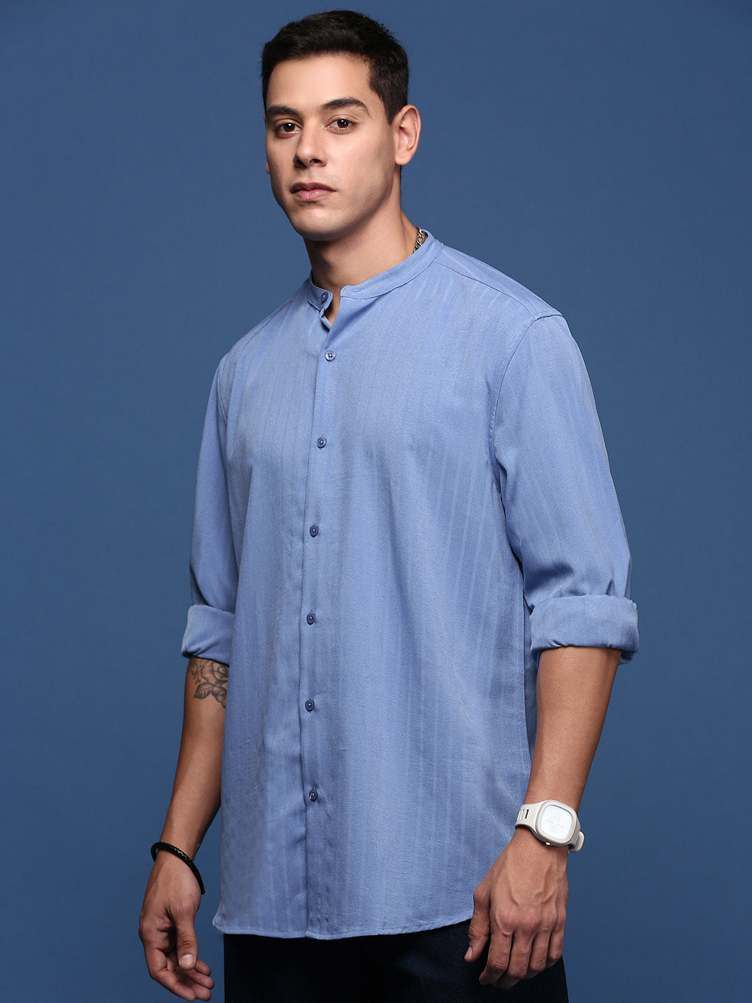 Men Mandarin Collar Solid Blue Slim Fit Shirt