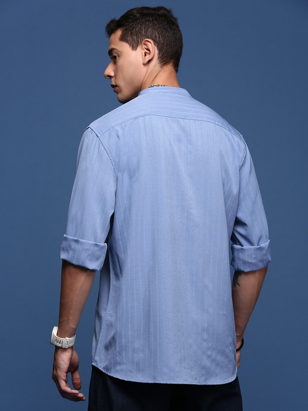 Men Mandarin Collar Solid Blue Slim Fit Shirt