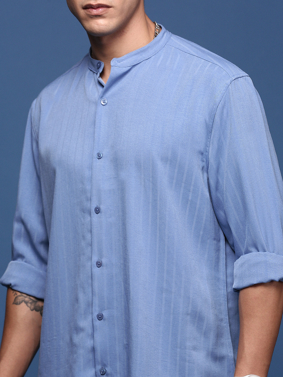 Men Mandarin Collar Solid Blue Slim Fit Shirt