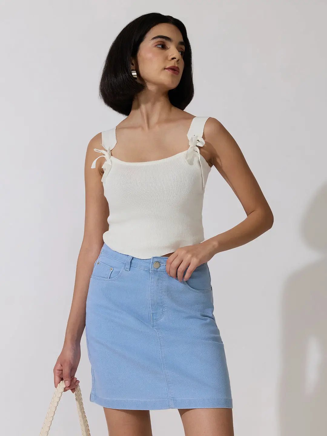 Women's White Fitted Top with Tie-Up Neck
