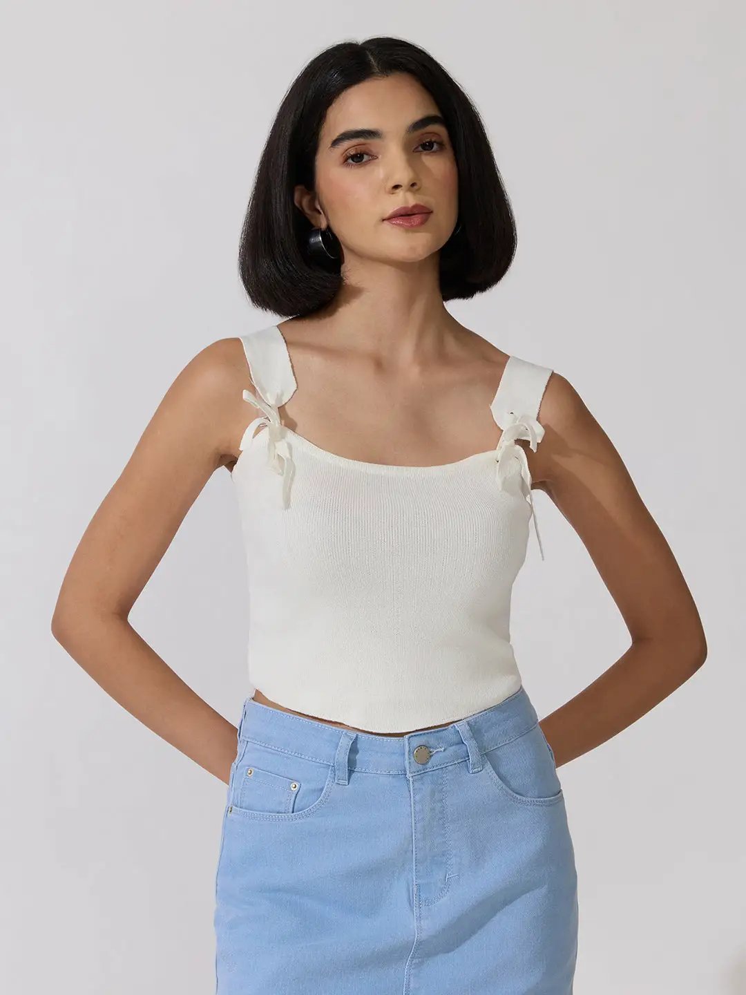 Women's White Fitted Top with Tie-Up Neck