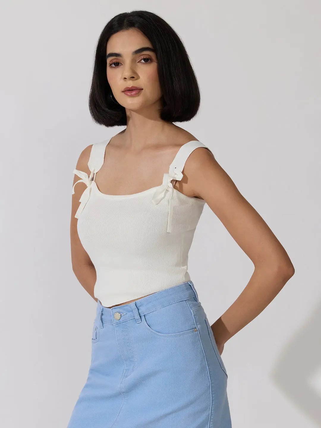 Women's White Fitted Top with Tie-Up Neck