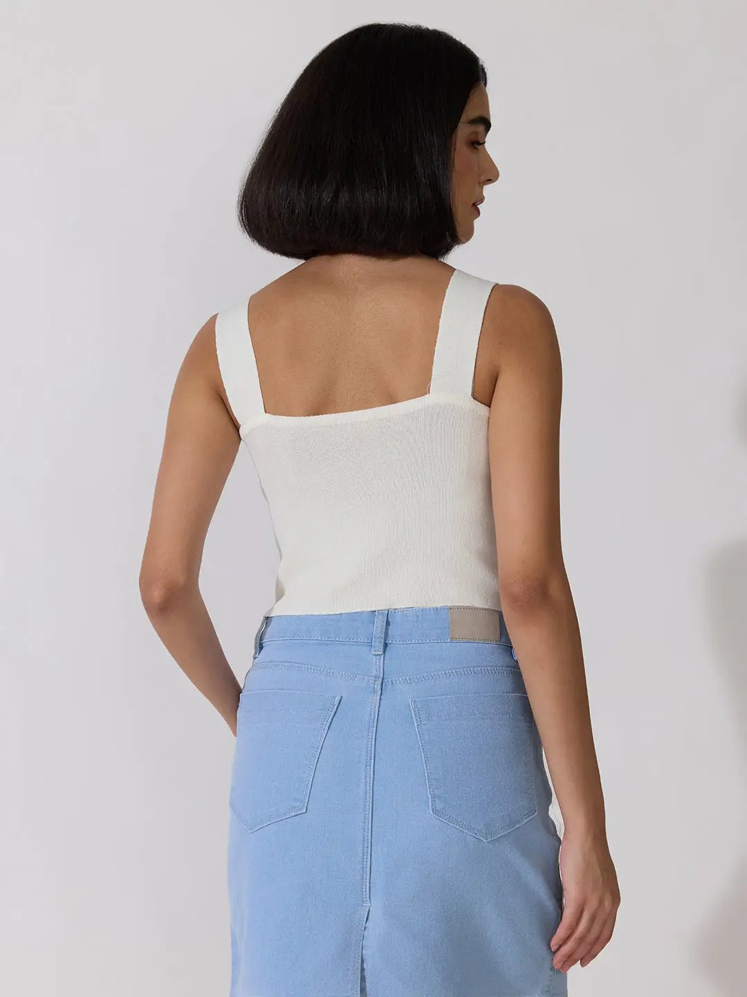 Women's White Fitted Top with Tie-Up Neck