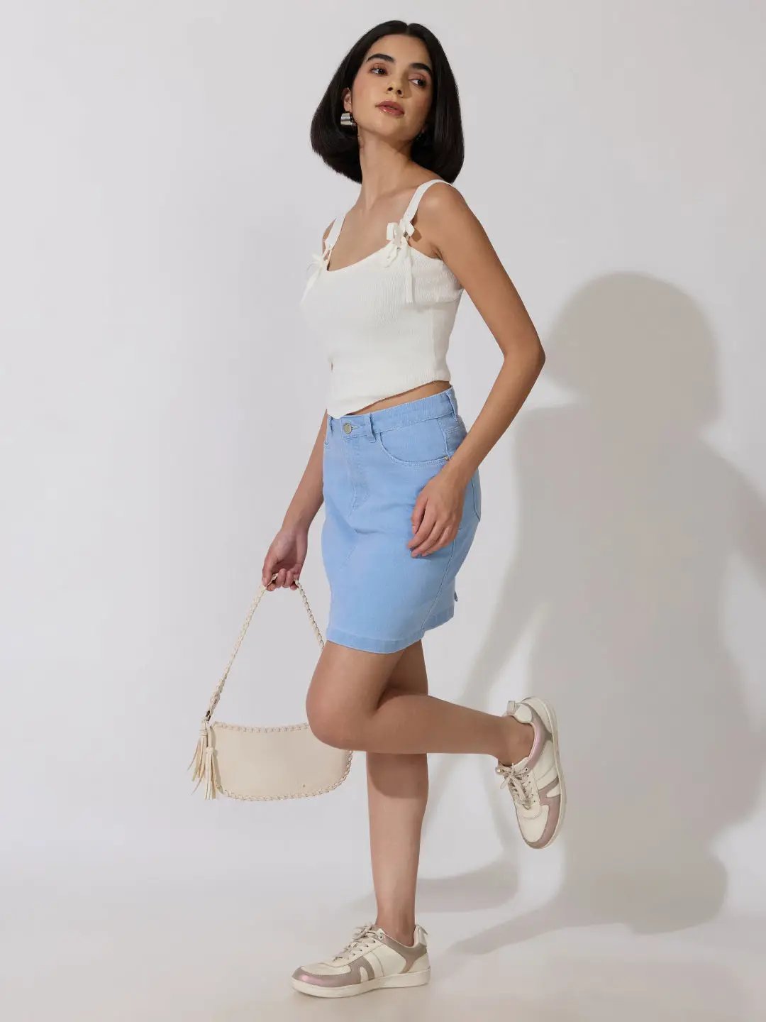 Women's White Fitted Top with Tie-Up Neck