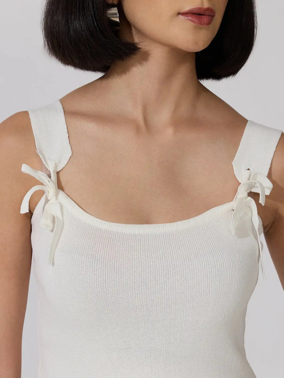 Women's White Fitted Top with Tie-Up Neck
