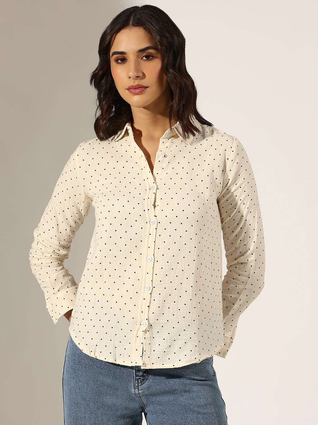 Women's Cream Polka Dot Casual Button-Down Shirt