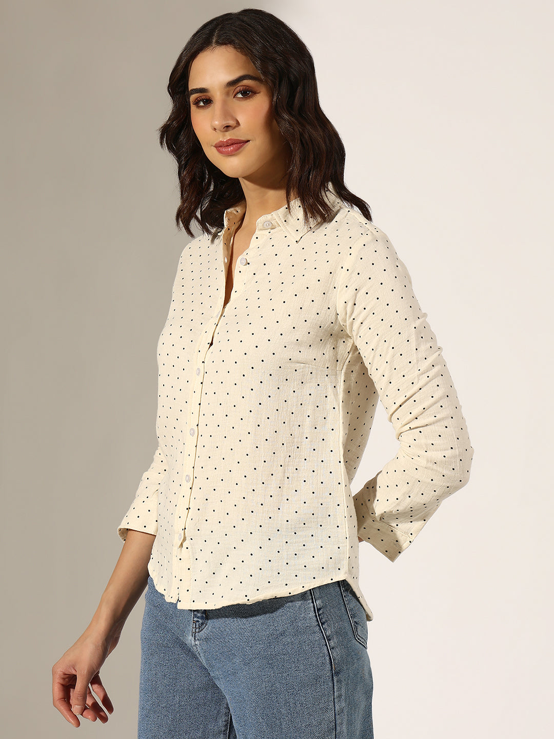 Women's Cream Polka Dot Casual Button-Down Shirt