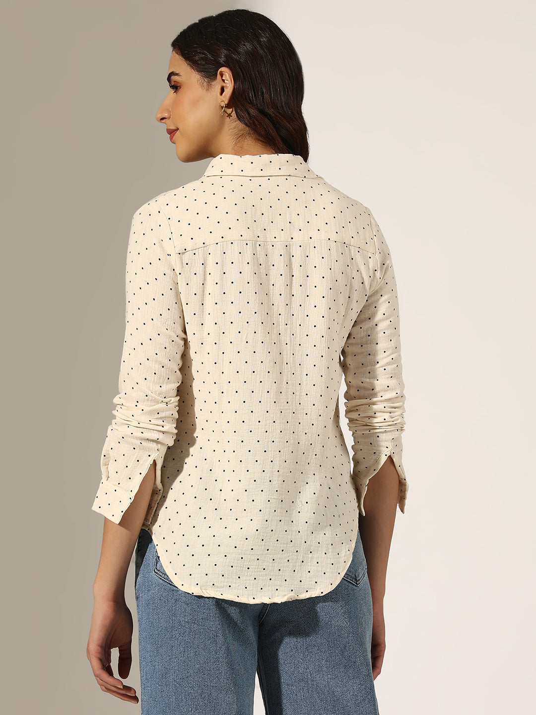 Women's Cream Polka Dot Casual Button-Down Shirt