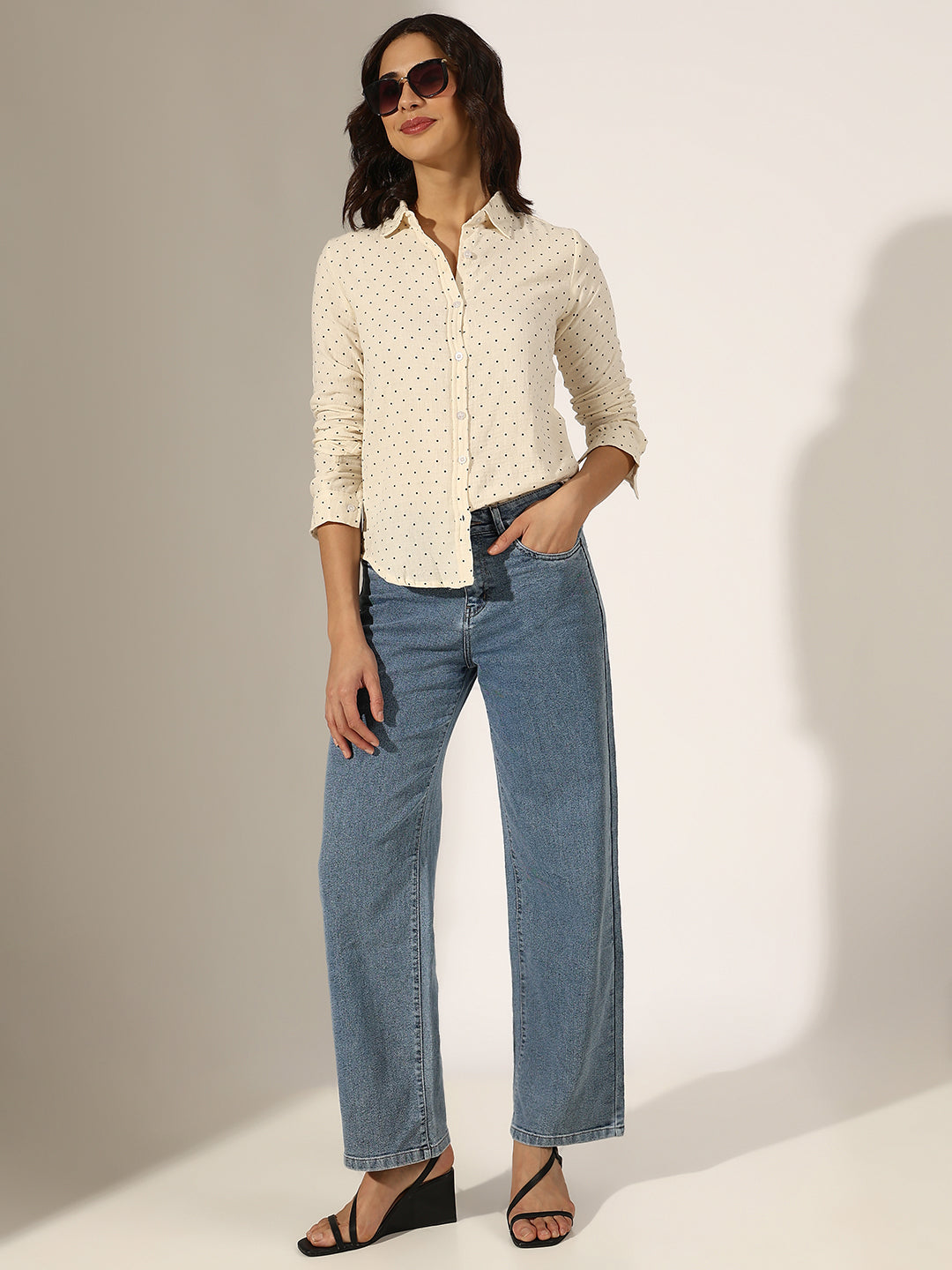 Women's Cream Polka Dot Casual Button-Down Shirt