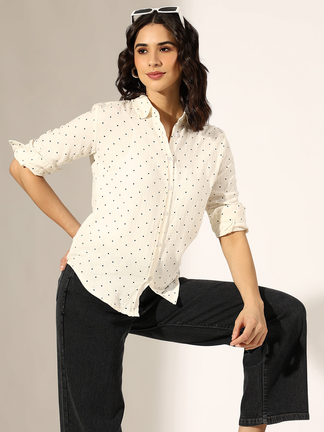 Women's White Polka Dot Casual Button-Down Shirt