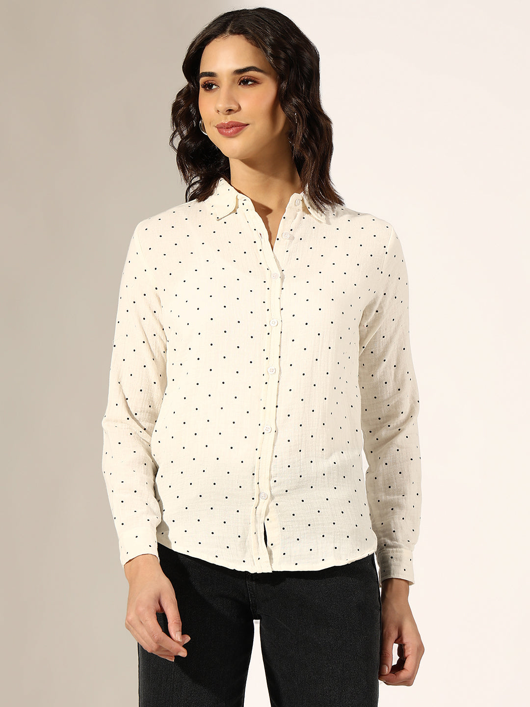 Women's White Polka Dot Casual Button-Down Shirt