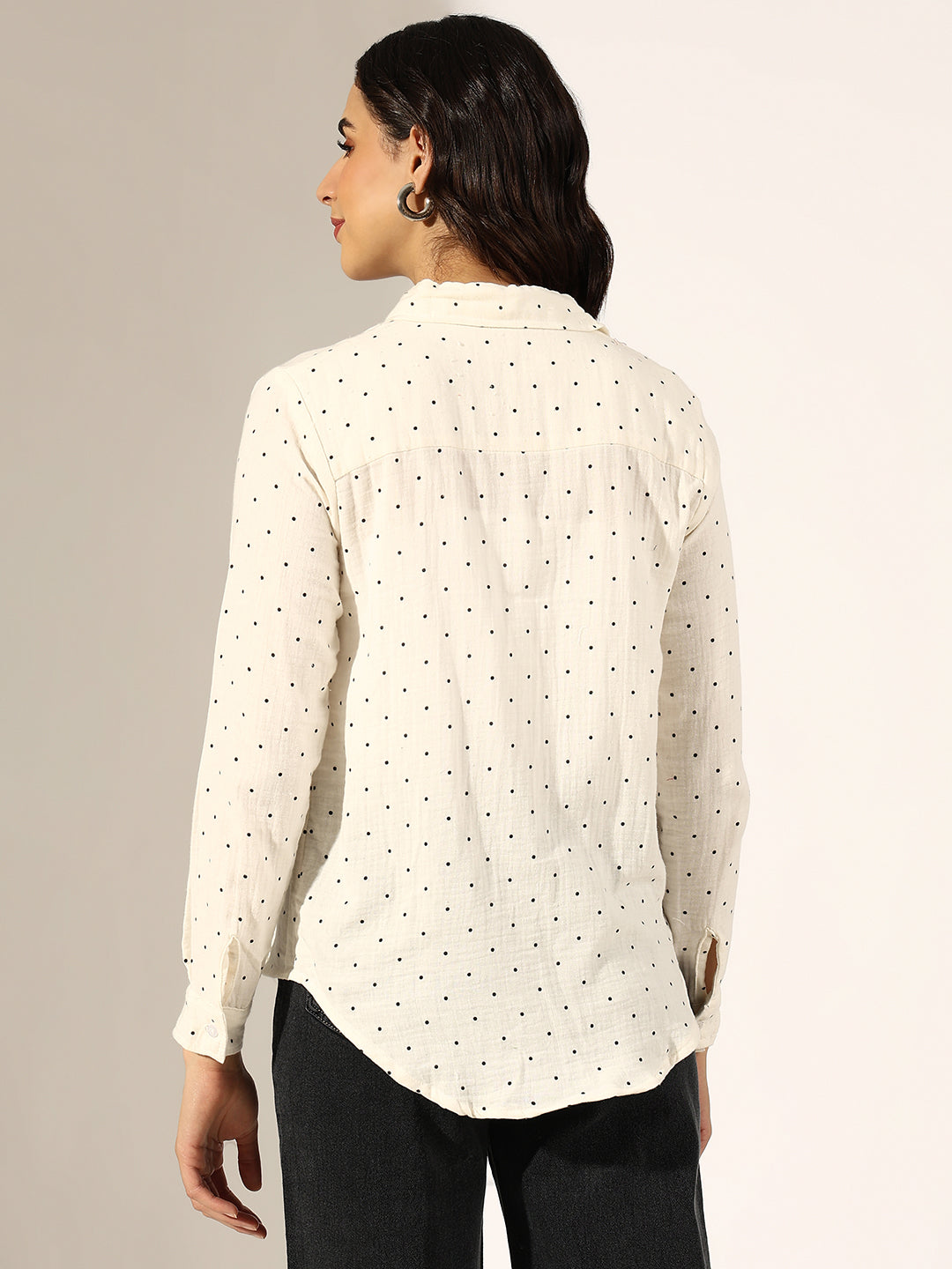 Women's White Polka Dot Casual Button-Down Shirt