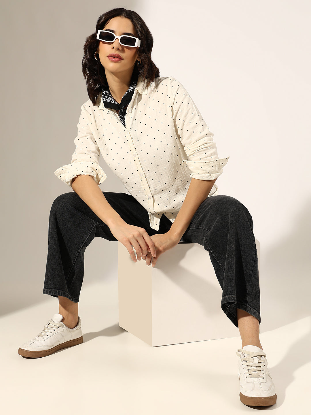 Women's White Polka Dot Casual Button-Down Shirt