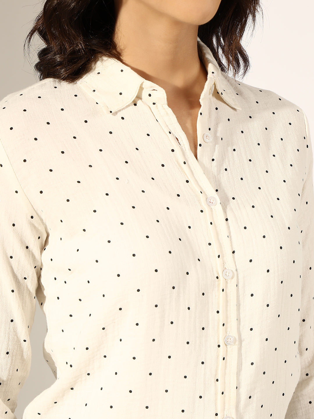 Women's White Polka Dot Casual Button-Down Shirt