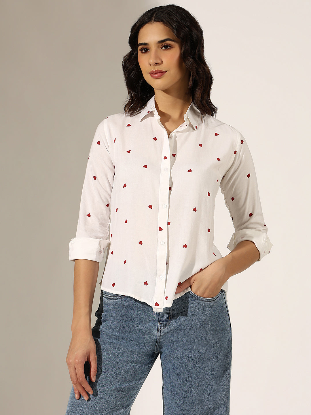 Women's Heart Print White Button-Down Shirt
