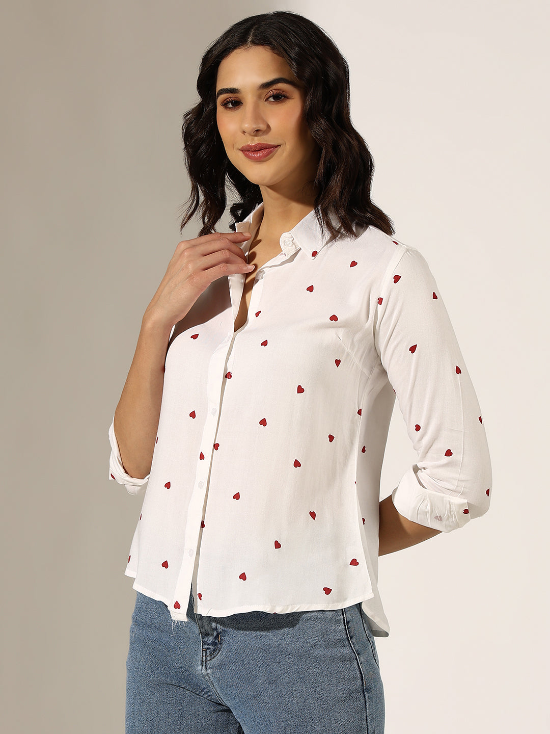 Women's Heart Print White Button-Down Shirt