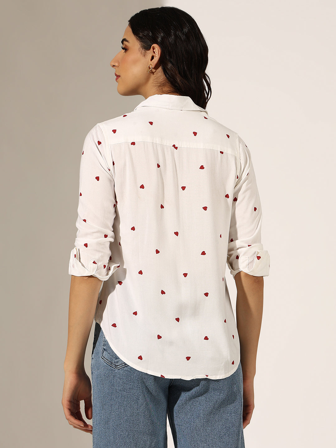 Women's Heart Print White Button-Down Shirt