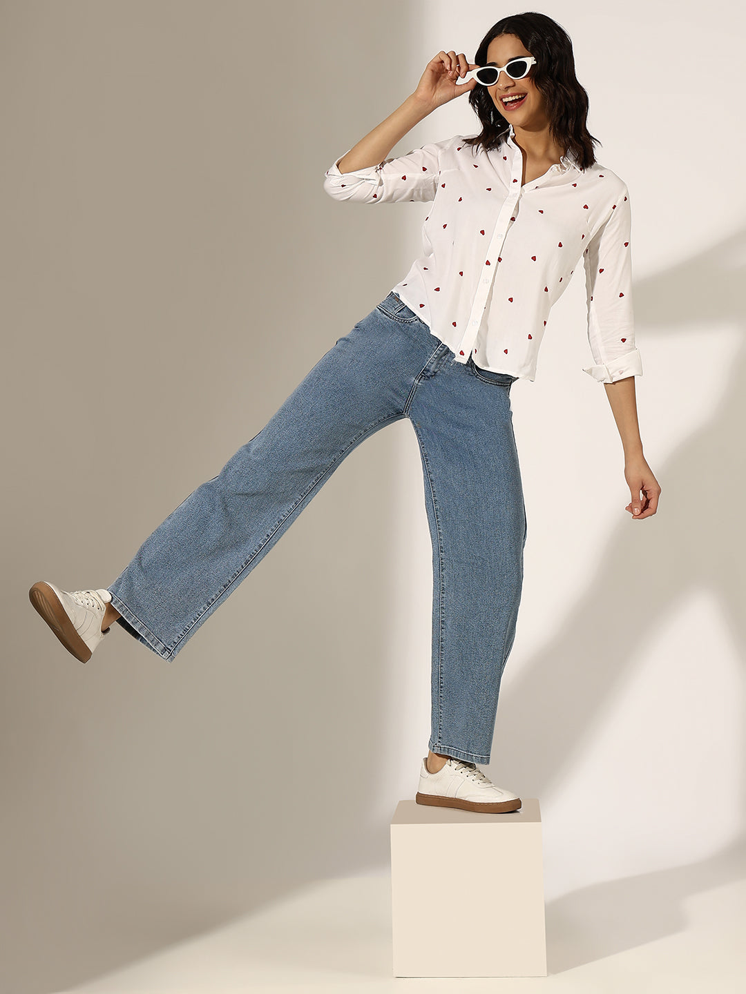 Women's Heart Print White Button-Down Shirt