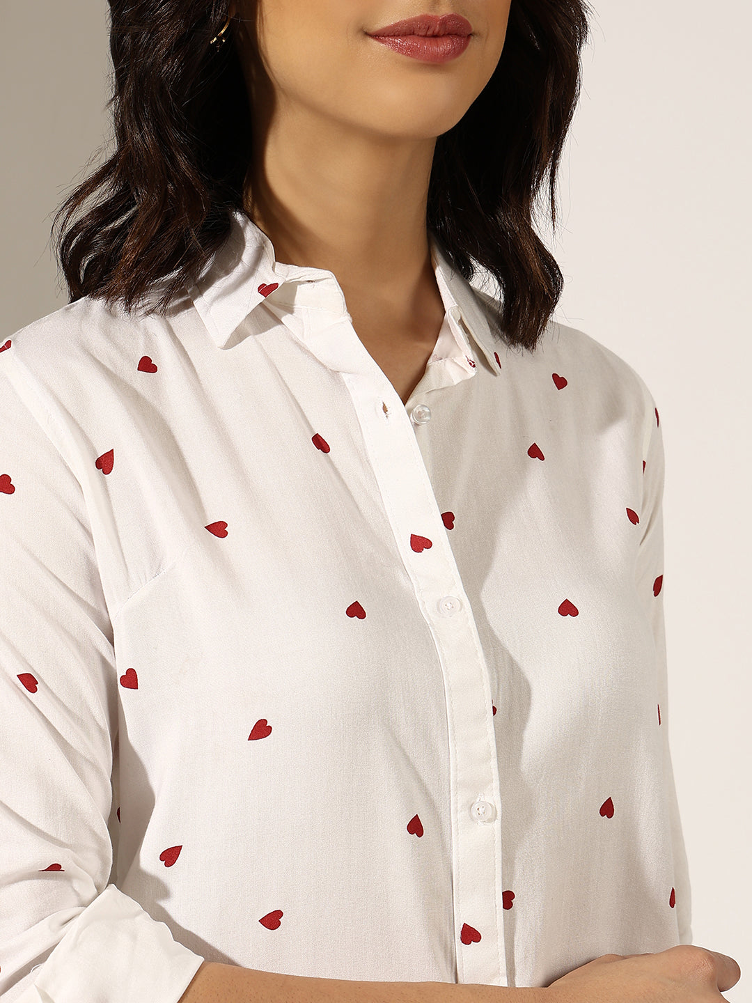Women's Heart Print White Button-Down Shirt