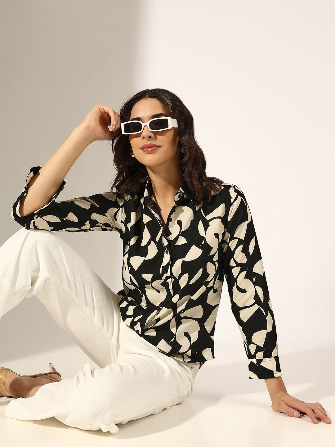 Women's Abstract Black and Beige Button-Down Shirt