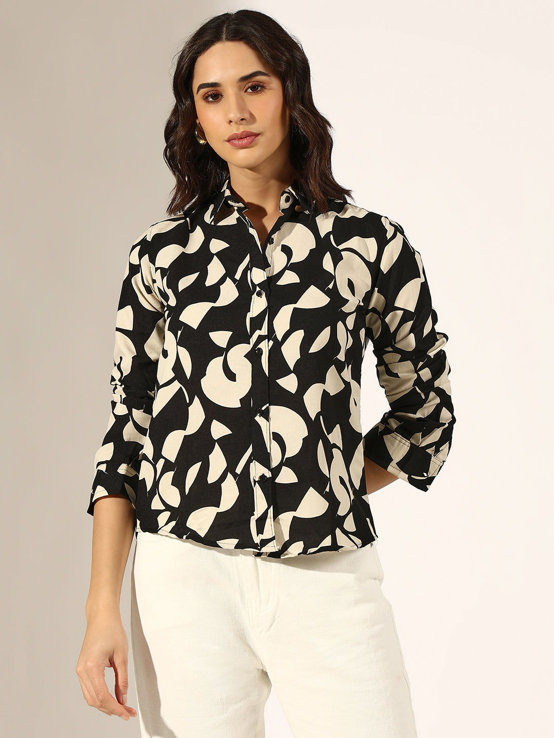 Women's Abstract Black and Beige Button-Down Shirt