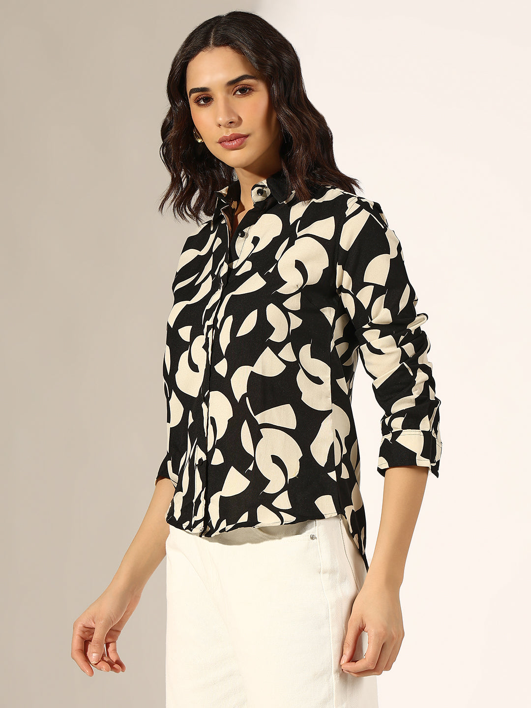 Women's Abstract Black and Beige Button-Down Shirt