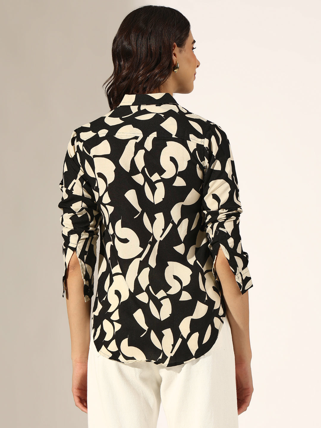 Women's Abstract Black and Beige Button-Down Shirt