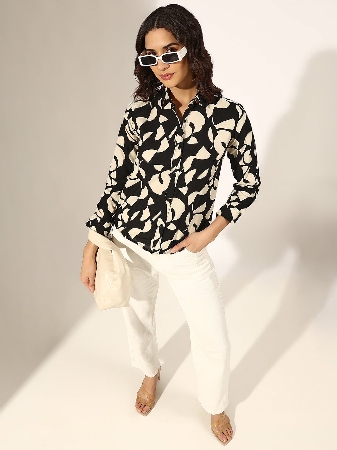 Women's Abstract Black and Beige Button-Down Shirt