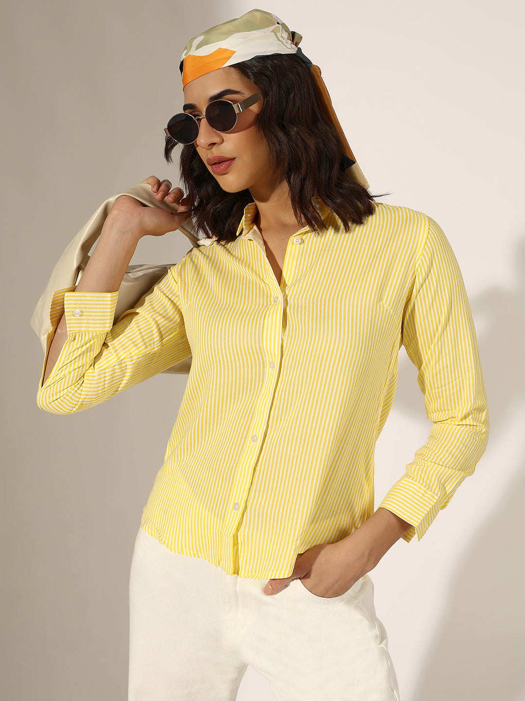 Women's Pinstriped Yellow Button-Down Shirt
