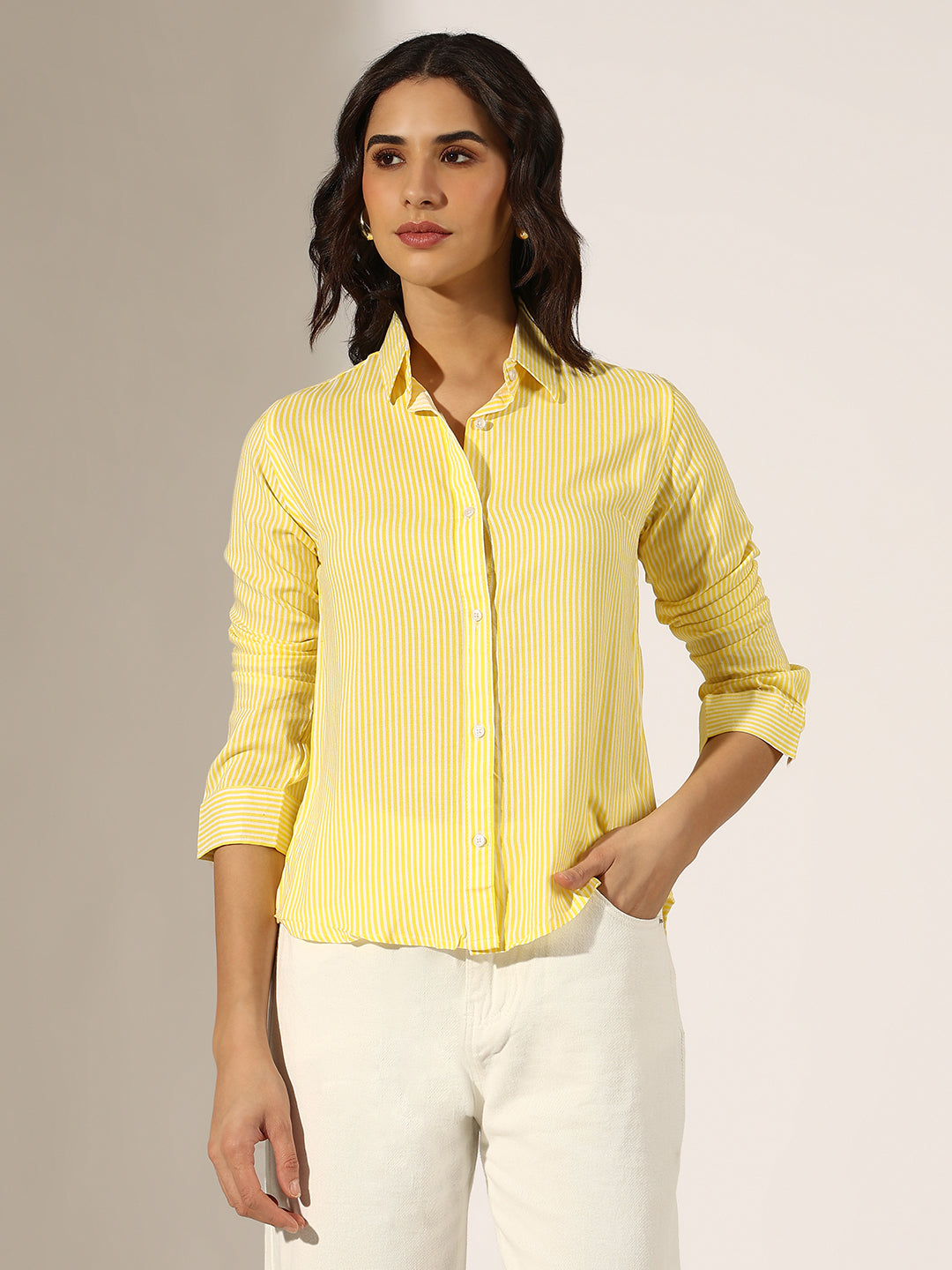 Women's Pinstriped Yellow Button-Down Shirt